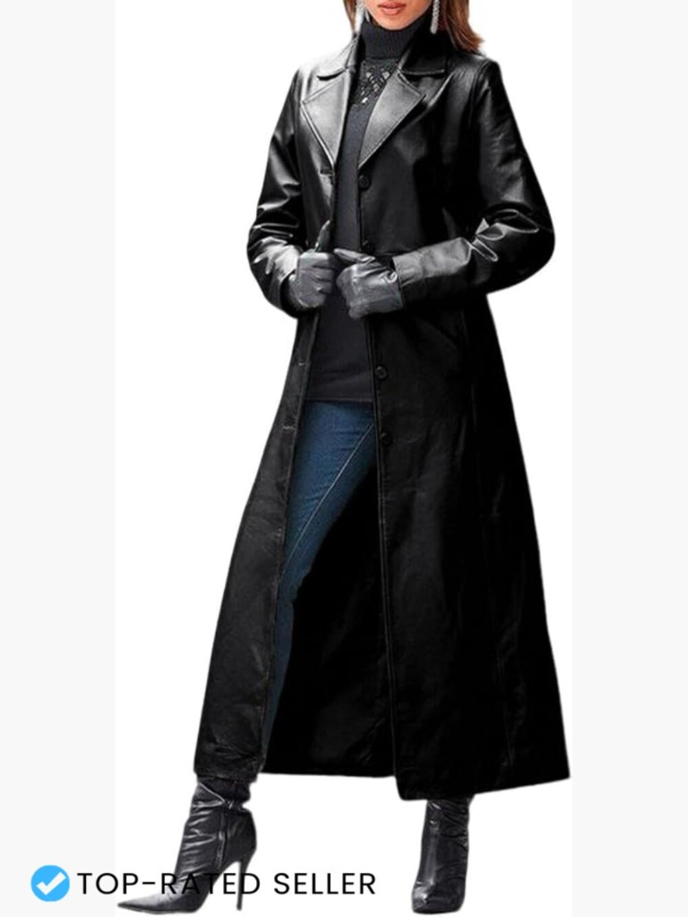 Faux Leather Trench Coat Classic Lapel Button Down Maxi Jacket Chic Overcoat